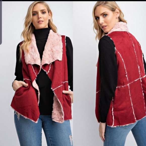 Crimson suede vest with faux fur lining - Picture 2 of 7